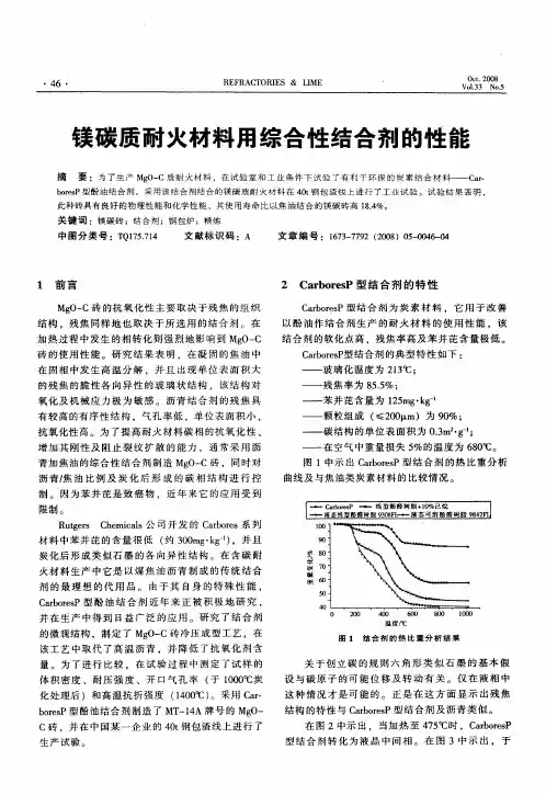 镁碳质耐火材料用综合性结合剂的性能