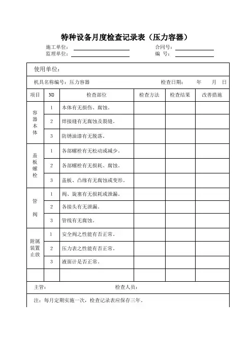 特种设备月度检查记录表(压力容器)