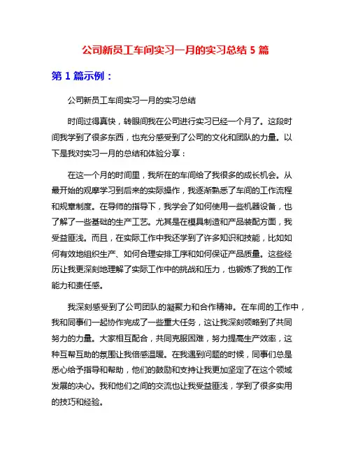 公司新员工车间实习一月的实习总结5篇