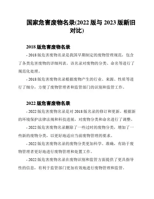国家危害废物名录(2022版与2023版新旧对比)