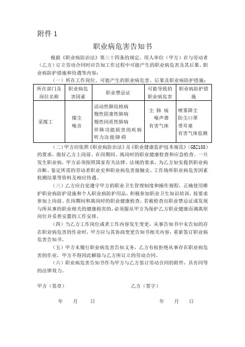 职业病危害告知卡
