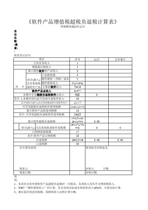 软件产品增值税超税负退税计算表