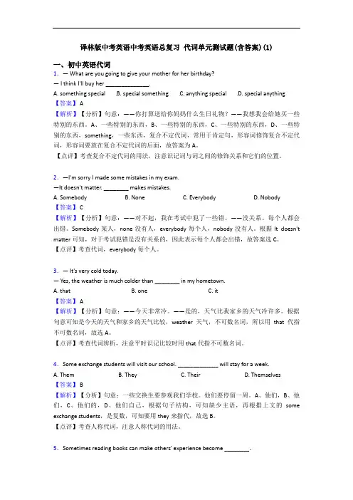 译林版中考英语中考英语总复习 代词单元测试题(含答案)(1)