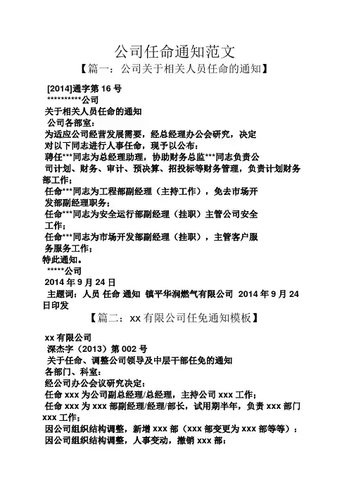 通知书之公司任命通知范文