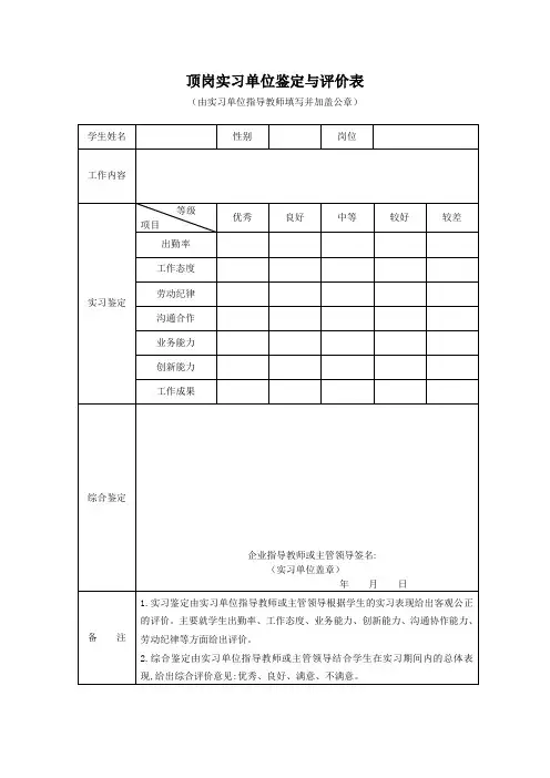 顶岗实习单位鉴定与评价表
