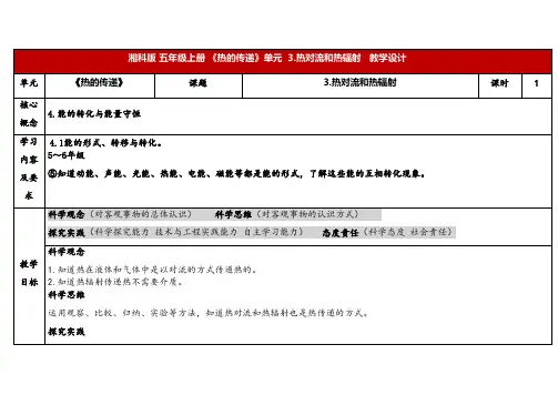 2024年湘教版五年级科学上册5.3热对流和热辐射(教案)