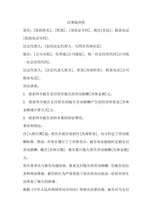 劳动报酬纠纷诉状范文