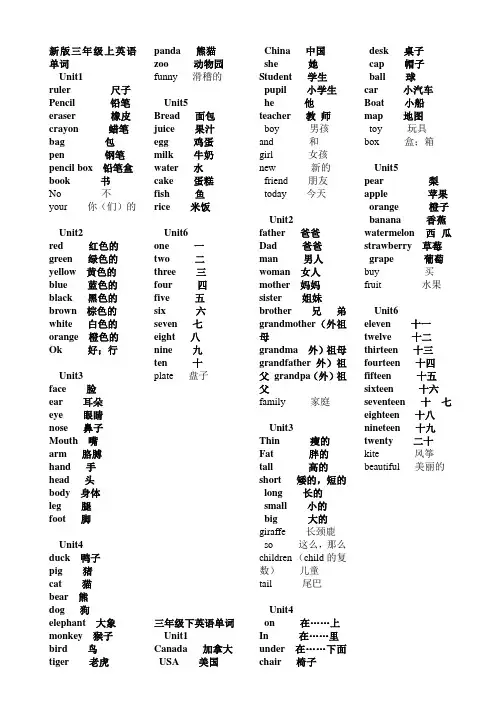 PEP新人教版三到六年级英语全部单词(已排版)