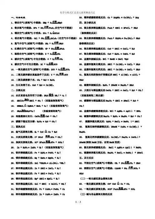 初三化学方程式整理及元素周期表巧记