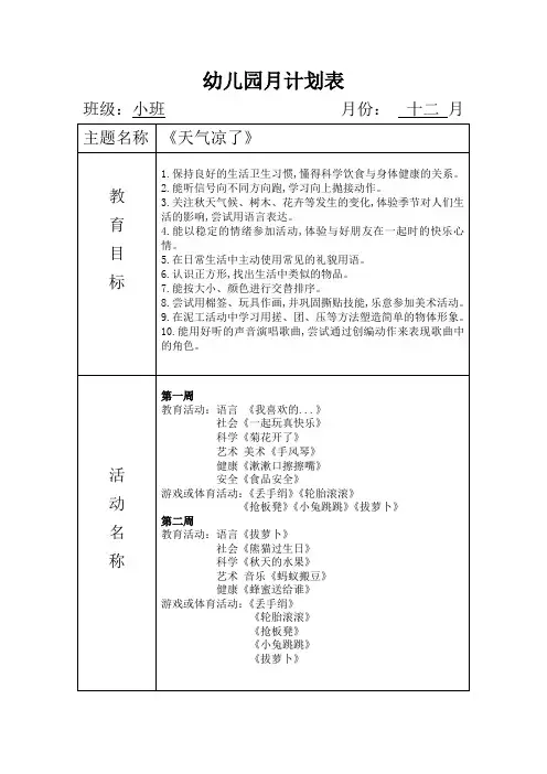幼儿园小班12月月计划表