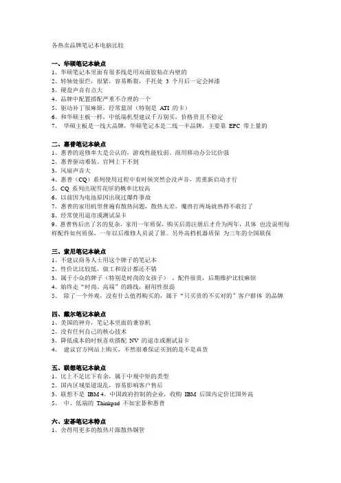 各热卖品牌笔记本电脑比较