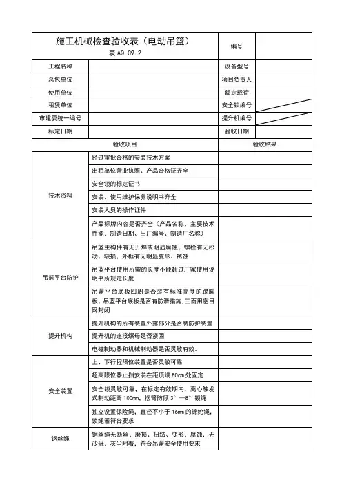 表AQ-C9-2施工机械检查验收表(电动吊篮)
