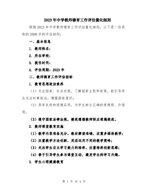 2023年中学教师德育工作评估量化细则
