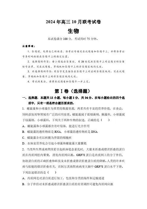 湖南省名校2024-2025学年高三上学期10月联考生物试题(含解析)