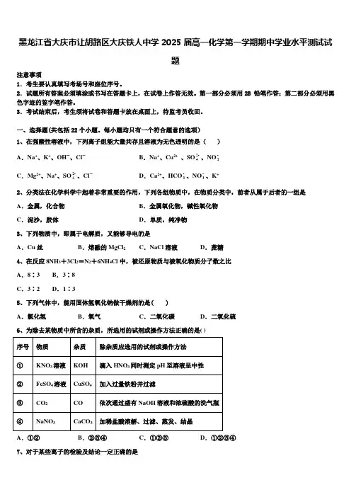 黑龙江省大庆市让胡路区大庆铁人中学2025届高一化学第一学期期中学业水平测试试题含解析