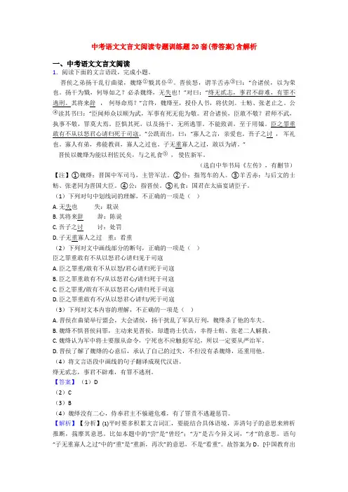 中考语文文言文阅读专题训练题20套(带答案)含解析