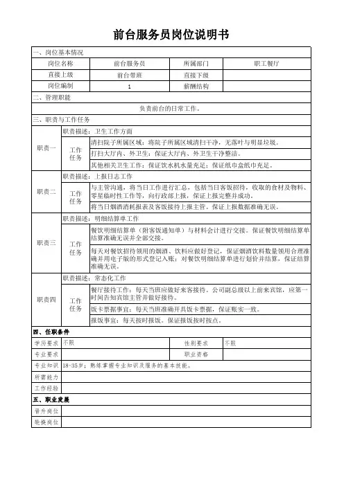 前台服务员岗位说明书