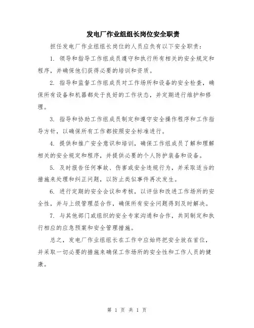 发电厂作业组组长岗位安全职责