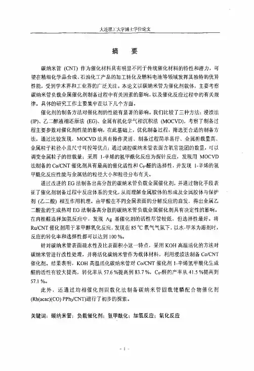 碳纳米管负载金属催化剂的制备及性能研究