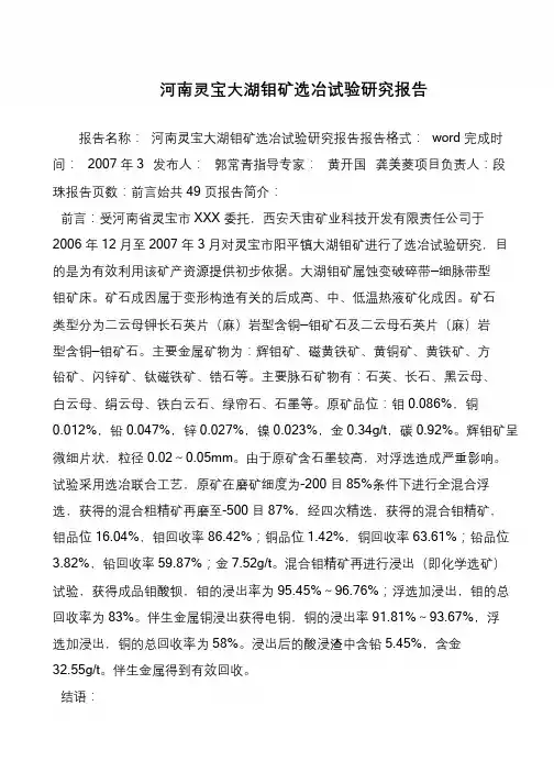 河南灵宝大湖钼矿选冶试验研究报告