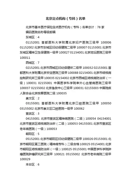 北京定点机构（专科）名单