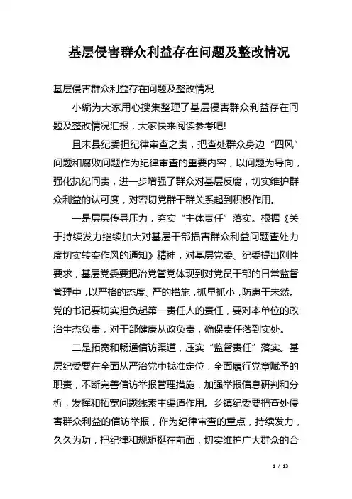 基层侵害群众利益存在问题及整改情况