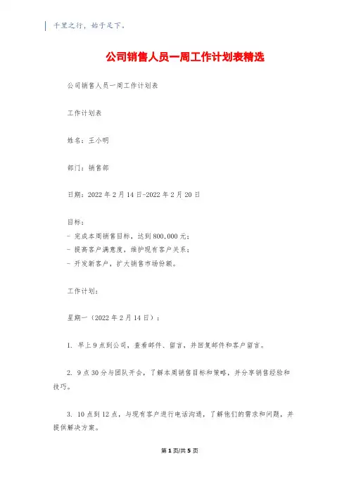 公司销售人员一周工作计划表精选