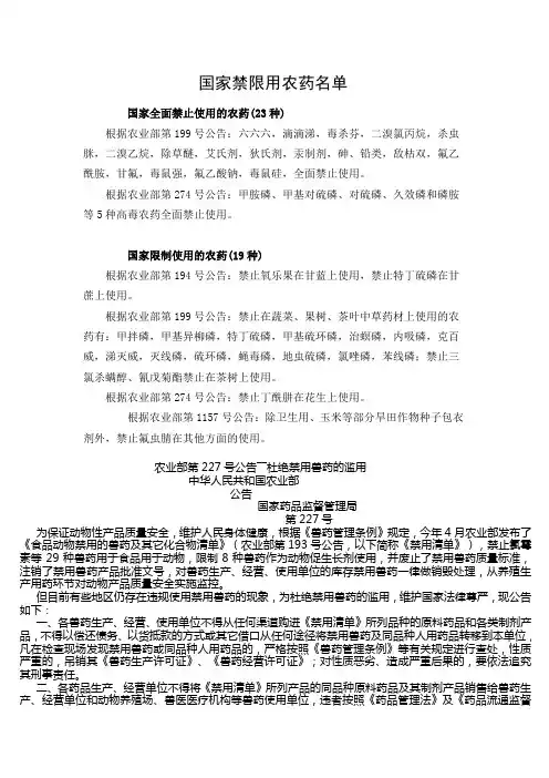 国家禁限用农药名单