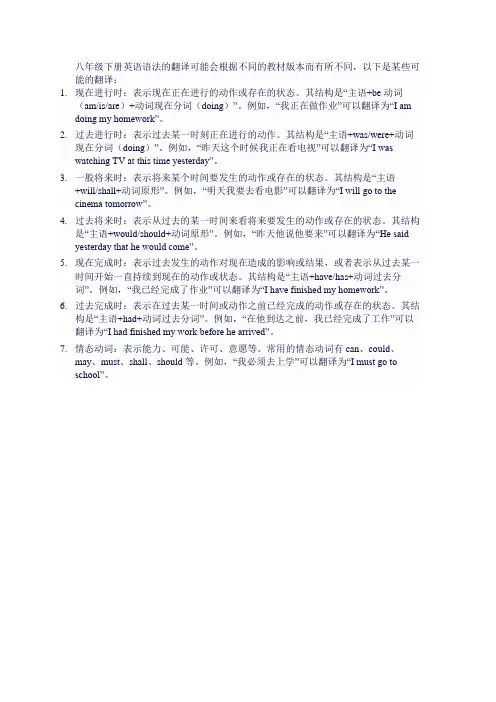 八年级下册英语语法框翻译