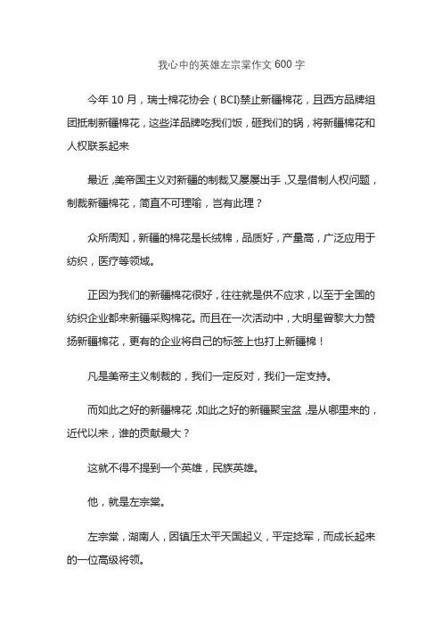 我心中的英雄左宗棠作文600字