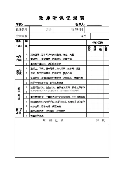 教 师 听 课 记 录 表