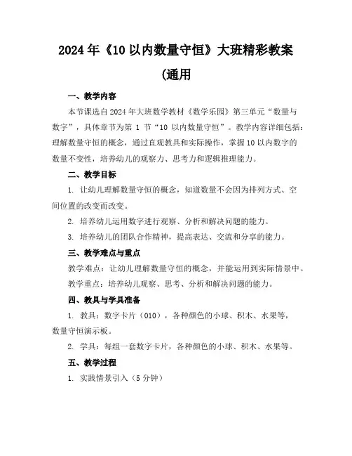 2024年《10以内数量守恒》大班精彩教案(通用