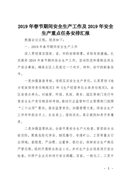 2019年春节期间安全生产工作及2019年安全生产重点任务安排汇报