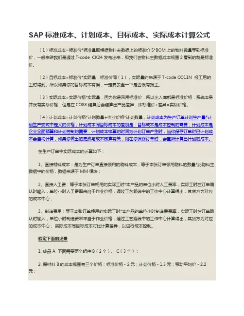 SAP-标准成本、计划成本、目标成本、实际成本计算公式