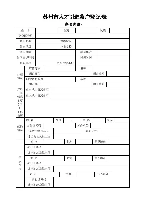 苏州市人才引进落户登记表