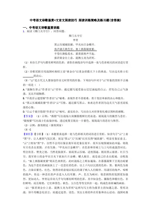 中考语文诗歌鉴赏+文言文阅读技巧 阅读训练策略及练习题(含答案)