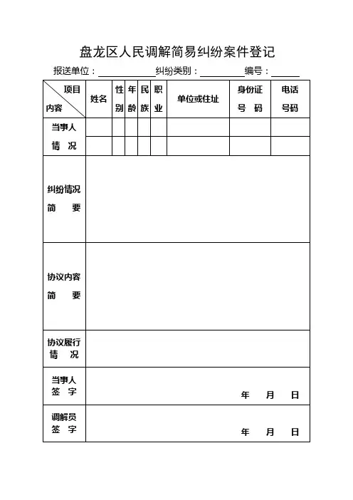 民间纠纷(简易)受理调解登记表