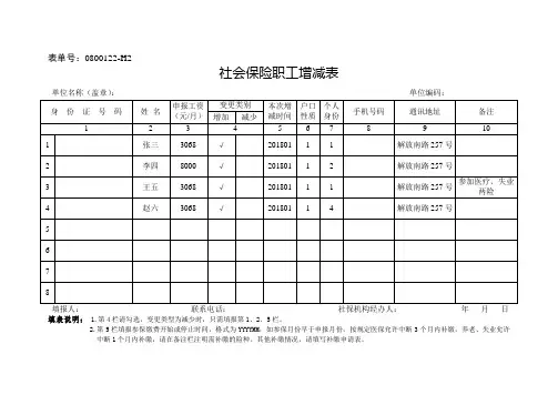《社会保险职工增减表》例表