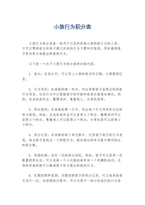 小孩行为积分表