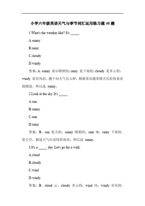 小学六年级英语天气与季节词汇运用练习题40题