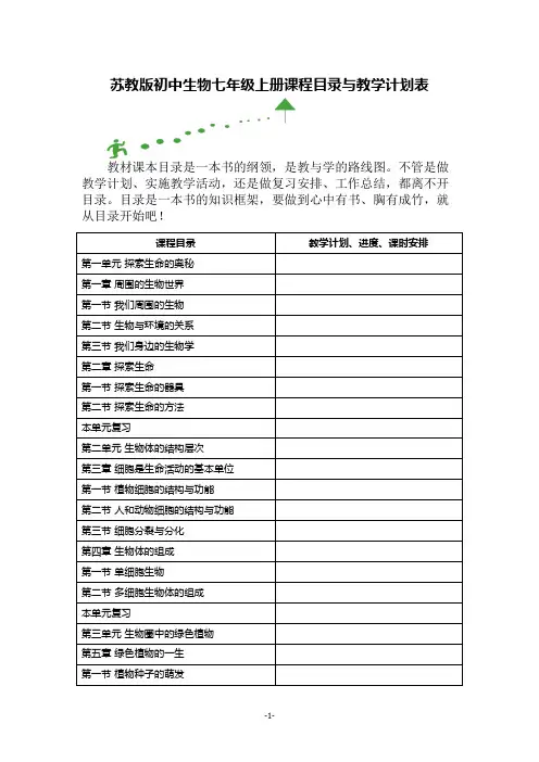 苏教版初中生物七年级上册课程目录与教学计划表
