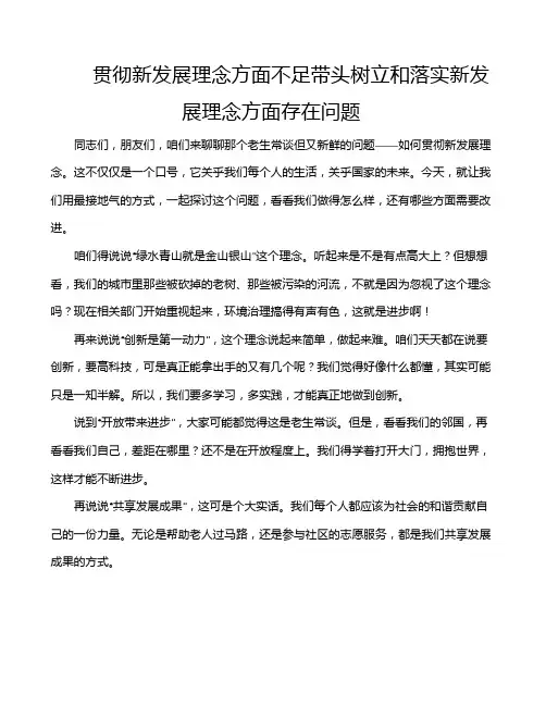 贯彻新发展理念方面不足带头树立和落实新发展理念方面存在问题