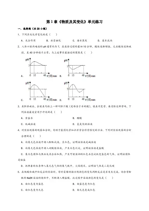 浙教版九年级科学上册第1章《物质及其变化》单元练习(原卷版+解析)
