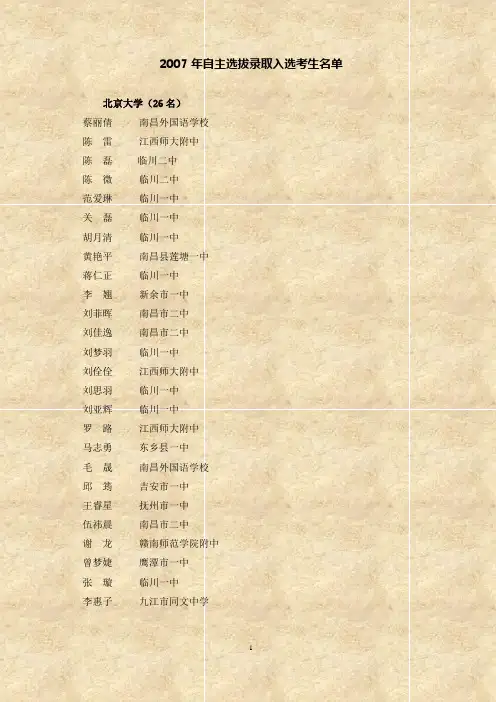 2007年自主选拔录取入选考生单