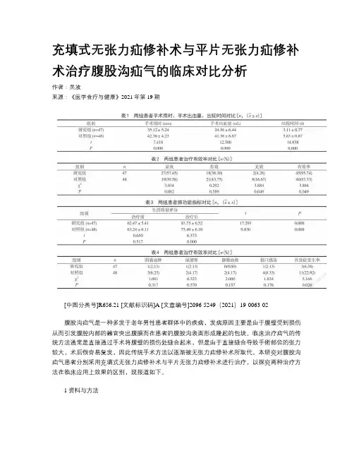 充填式无张力疝修补术与平片无张力疝修补术治疗腹股沟疝气的临床对比分析