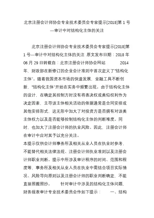 北京注册会计师协会专业技术委员会专家提示[2018]第1号—审计中对结构化主体的关注