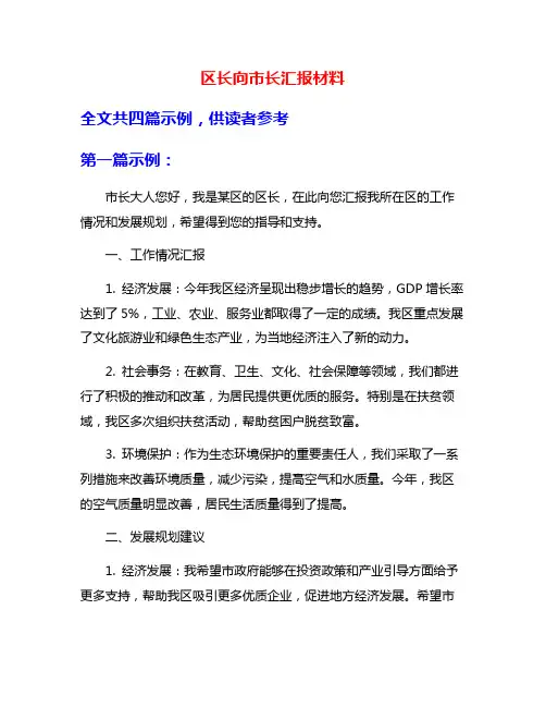 区长向市长汇报材料