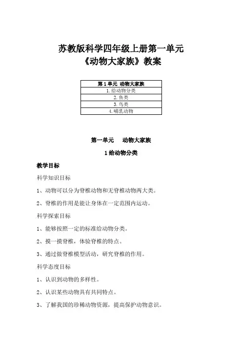 苏教版科学四年级上册第一单元《动物大家族》教案(附目录)