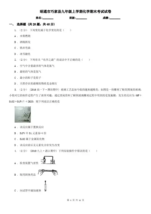 昭通市巧家县九年级上学期化学期末考试试卷