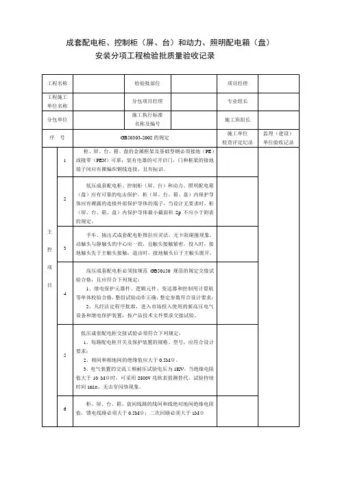 电气工程成套配电柜、动力柜、配电箱检验批质量验收记录表